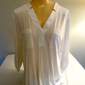 Calvin Klein White V-Neck Blouse with Adjustable Sleeve